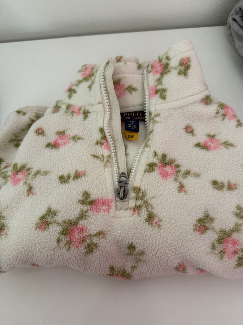 Polo by Ralph Lauren Cream Sherpa Zip Pullover with Pink and Green Floral Print